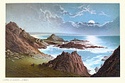 L'Etac, St ' Ouen, Jersey, Channel Islands，月光下的夜晚，Rocky海岸线，维多利亚时代的风景艺术，19世纪的彩色版画