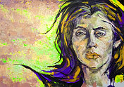 插图油画肖像的年轻女子与长黑发在黄色