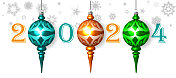 私人风格的2024年新年庆祝概念。一套多色圣诞球与雪花在一个白色的背景。