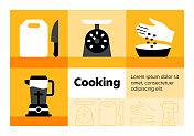 烹饪线图标集和横幅设计。