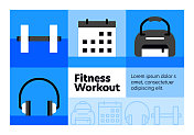 健身锻炼线图标集和横幅设计。