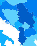 高详细的中巴尔干地区蓝色地图，克罗地亚，波斯尼亚和黑塞哥维那，塞尔维亚，黑山，匈牙利，罗马尼亚，斯洛文尼亚，保加利亚，阿尔巴尼亚，北马其顿，希腊，意大利，科索沃的国家边界