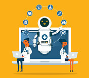 机器人和人类医生讨论-笔记本电脑 机器人和人类医生讨论-笔记本电脑