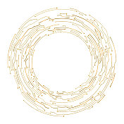 金色电路板风格的抽象圆形电子背景图案。