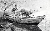 年轻的美人坐在划桨的小船上，梦见她心爱的人