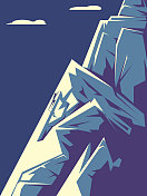 一个人攀登山峰的概念性插图。克服困难,成长发展,取得成功的理念。 一个人攀登山峰的概念性插图。克服困难,成长发展,取得成功的理念。