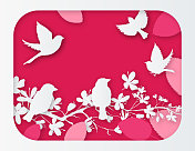 剪纸麻雀与树叶在一个粉红色的背景。