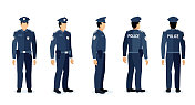 警察摆造型。卡通警官人物在办公室或街头工作的姿势