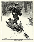 两个男人和他们的狗追逐一只兔子，19世纪70年代的体育冒险