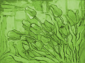 插图油画静物盛开的郁金香在绿色