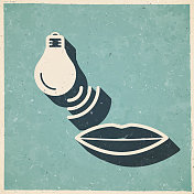 带语音控制的智能灯泡。图标复古复古风格-旧纹理纸