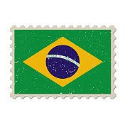 巴西垃圾邮票。复古明信片矢量插图与巴西国旗隔离在白色背景上。复古的风格。