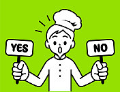 一个厨师男孩正举着一个是的标志和一个否的标志，看着观众，以极简主义的风格，黑白轮廓