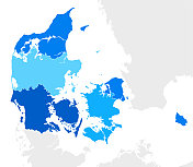 高详细的丹麦蓝色地图与地区和国家边界的瑞典，挪威，德国，波兰