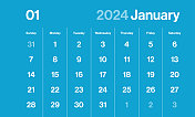 2024年1月-月历。极简风格的景观水平日历2024年。向量模板。一周从周日开始