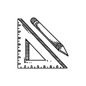 铅笔和标尺线图标，草图设计，像素完美，可编辑的笔画。标志、标志、符号。