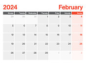 2024年2月-日历规划。极简风格的景观水平日历2024年。向量模板。这一周从星期一开始