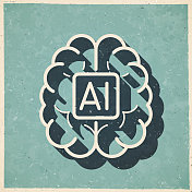 人脑与人工智能。图标复古复古风格-旧纹理纸