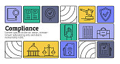 合规线图标集和横幅设计。治理、透明度、法律、需求、标准 合规线图标集和横幅设计。治理、透明度、法律、需求、标准