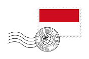 印尼邮票。明信片矢量插图与印度尼西亚国旗孤立的白色背景。