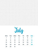2024年7月-日历与照片或插图的地方。日历矢量模板为2024年。这一周从星期一开始