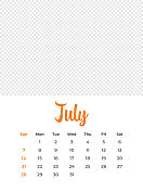 2024年7月-日历与照片或插图的地方。日历矢量模板为2024年。一周从周日开始