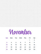 2024年11月-日历与照片或插图的地方。日历矢量模板为2024年。一周从周日开始