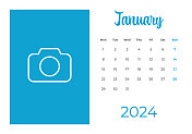 2024年1月-日历与照片或插图的地方。日历矢量模板为2024年。这一周从星期一开始