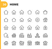 主页和建筑线图标。可编辑的中风。像素完美。移动和Web。包含公寓，建筑，建筑，城市，建筑，家庭，酒店，房屋，小屋，抵押，社区，办公室，房地产，摩天大楼，仓库等图标。