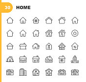 主页和建筑线图标。可编辑的中风。像素完美。移动和Web。包含公寓，建筑，建筑，城市，建筑，家庭，酒店，房屋，小屋，抵押，社区，办公室，房地产，摩天大楼，仓库等图标。