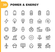 电源和能量线图标。可编辑的中风。像素完美。移动和Web。包含原子，电池，煤炭，生态，电动汽车，能源，环境，燃料，天然气，全球变暖，自然，核能，电力，回收，太阳能，风能等图标。