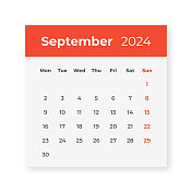 2024年9月――日历叶子。矢量图