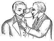 听力学家在病人身上使用Valsalva手法检查咽鼓管- 19世纪