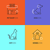 宠物店相关的矢量线图标。轮廓符号集合