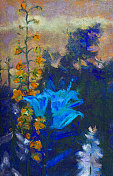 插画艺术油画风景盛开的百合花和铃铛，背景是树叶、树木和草