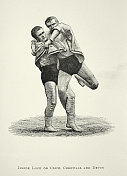 两个摔跤手，摔跤移动，内部锁定或点击，维多利亚式格斗运动，19世纪