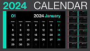 2024 -月历。黑暗极简主义风格的景观水平日历2024年。向量模板。这一周从星期一开始