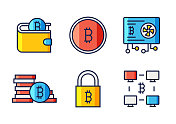 比特币相关矢量细线图标。轮廓符号集合