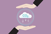 手与二氧化碳云图标为净零排放的概念