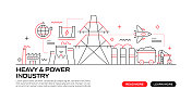 重型和电力工业网络横幅与线性图标，新潮的线性风格向量