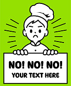 一个厨师男孩举着一个空白的牌子说不，看着观众，极简风格，黑白轮廓