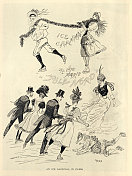 19世纪90年代维多利亚时代，法国巴黎冰上狂欢节的素描，人们在塞纳河上滑冰