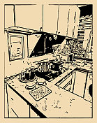 提纲式室内厨房场景插画