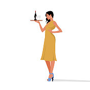 优雅性感的女士端着红酒和酒杯。详细的矢量插图的年轻女士。