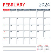 2024年2月日历规划矢量模板。一周从周日开始