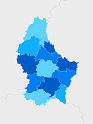 高详细的卢森堡蓝色地图与地区和国家边界的比利时，法国，德国