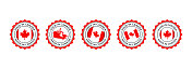 加拿大制造-矢量集。标签，标志，徽章，徽章，邮票收集与加拿大国旗和文字孤立的白色背景