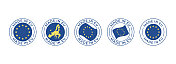 欧盟制造――向量集。标签，标志，徽章，徽章，邮票收集与欧盟旗帜和文字隔离在白色背景