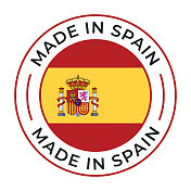 西班牙制造-矢量插图。标签，标志，徽章，徽章，邮票收集与西班牙国旗和文字隔离在白色背景上