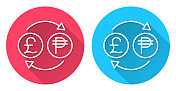 货币兑换-英镑比索。圆形图标与长阴影在红色或蓝色的背景